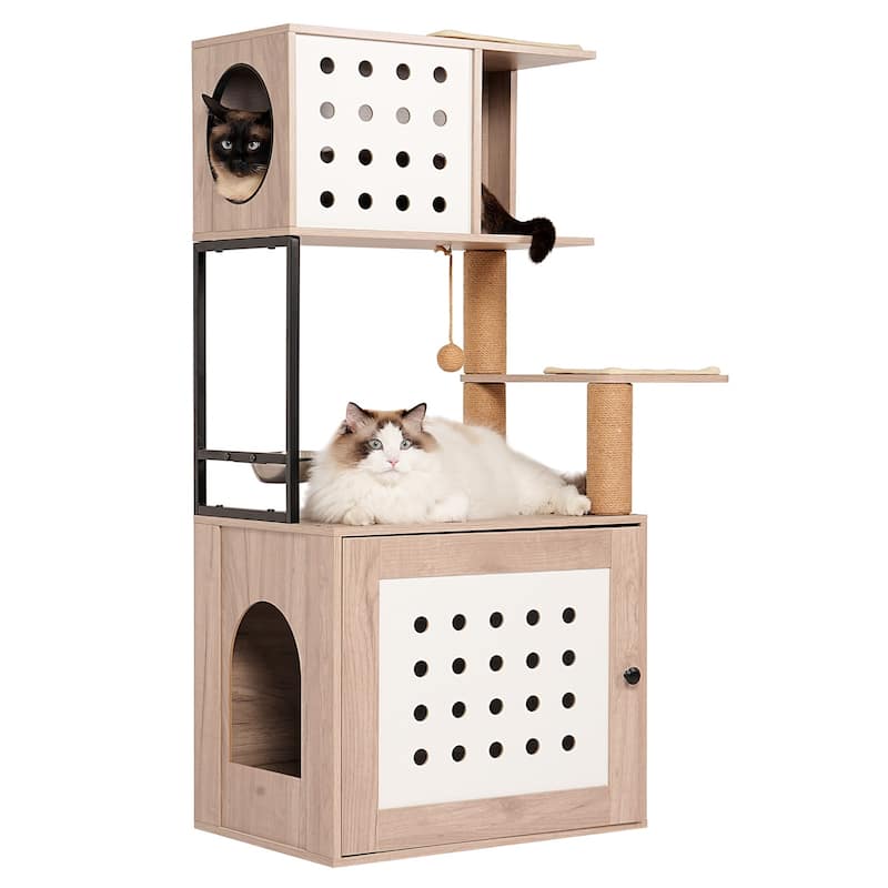 Cat Tree with Litter Box Enclosure, All-in-one Cat Tower for Indoor Cats with Large Hammock, Bed, Food Station, Scratching Posts