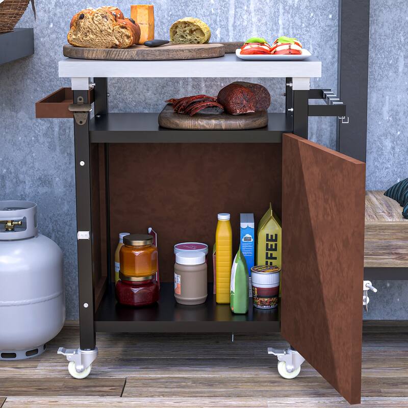 Outdoor Grill cart with Stainless Steel Tabletop, Storage, Patio Kitchen Island with Wheels, Hooks, and Spice Rack