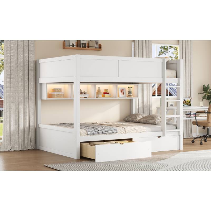 Roomfitters Full XL Over Full XL Bunk Bed with Storage Cabinets, LED Light and Drawers