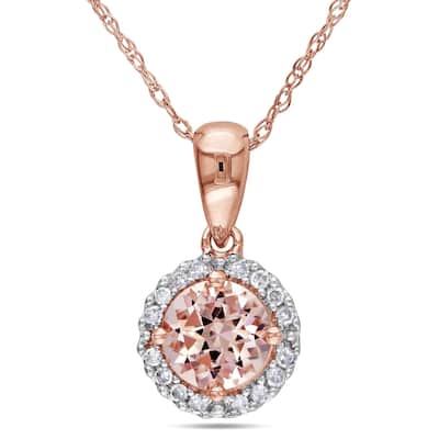4/5ct TGW Morganite and 1/10ct TDW Diamond Halo Necklace in 10k Rose Gold by Miadora - 16.4 mm x 17 in x 8.9 mm