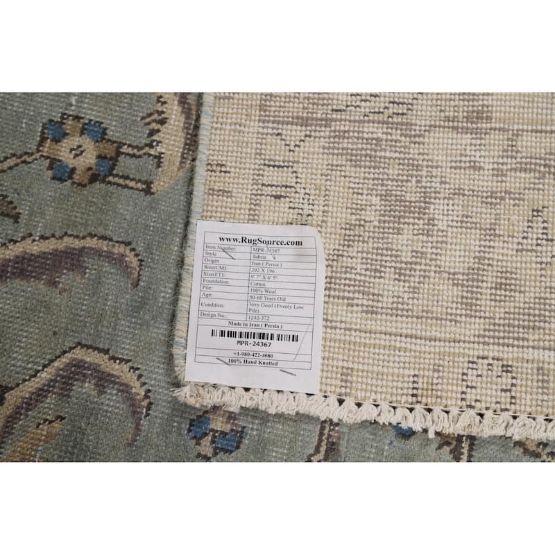 Floral Blue Tabriz Persian Rug Hand-Knotted Distressed Wool Carpet - 6'5"x 9'7"