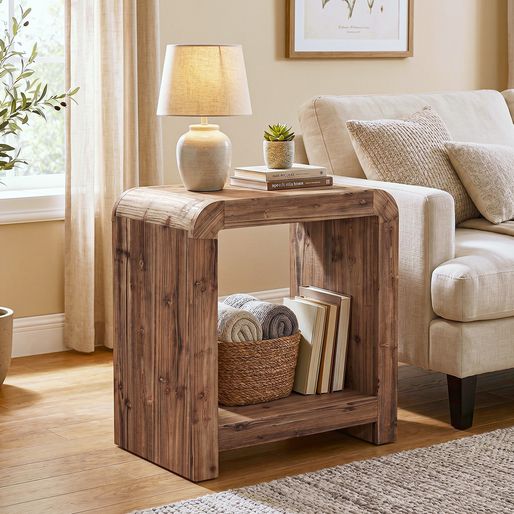Solid Wood End Table, 2-tier Farmhouse Side Table with Storage Shelf - 13.78" D x 23.62" W x 23.62" H