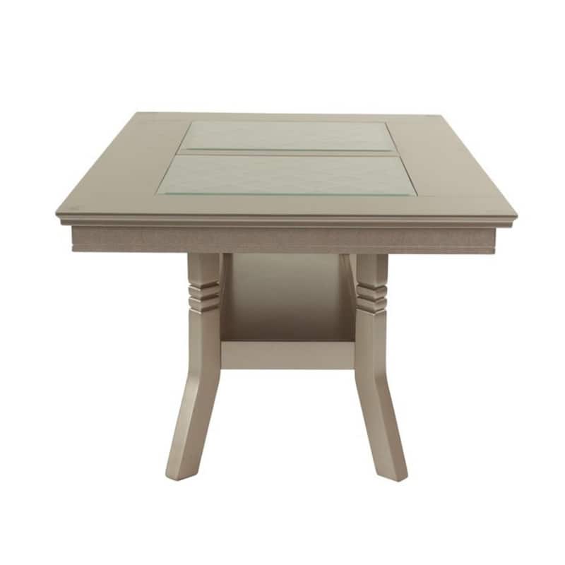 Teme 66 Inch Dining Table, Glass Top, Lower Shelf, Beige Rubberwood