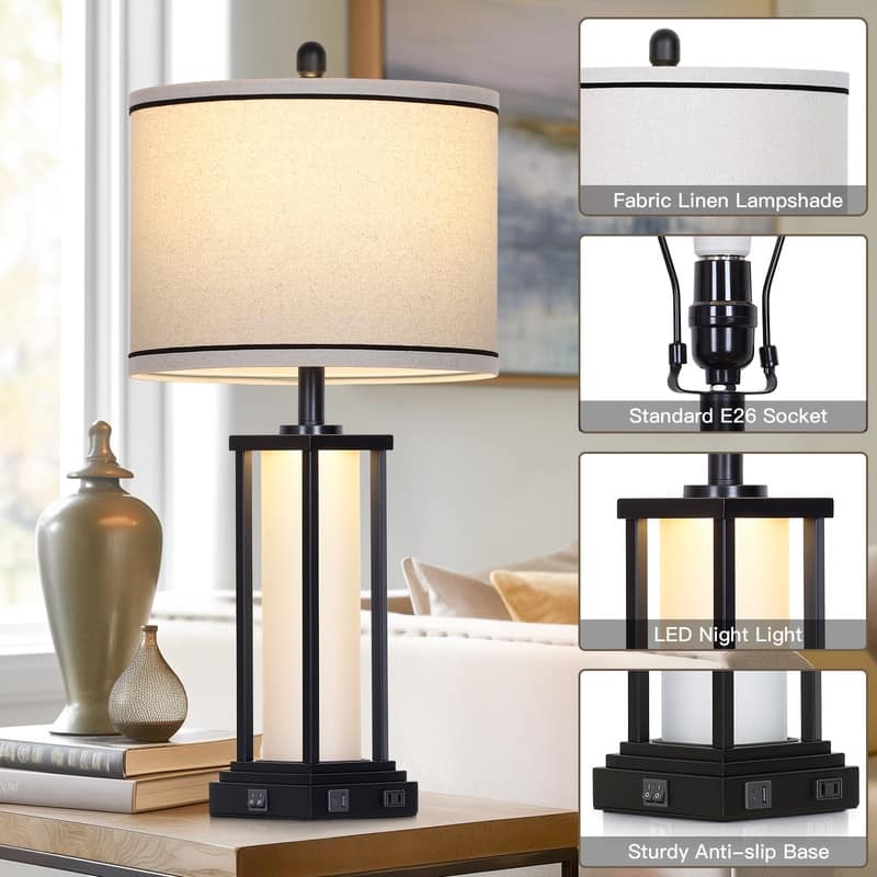 27'' Industrial Table Lamp with USB-C & AC Outlet, Dual Lighting, Black Metal & Glass Frame(Set of 2) - 12.5'' x 12.5'' x 27''