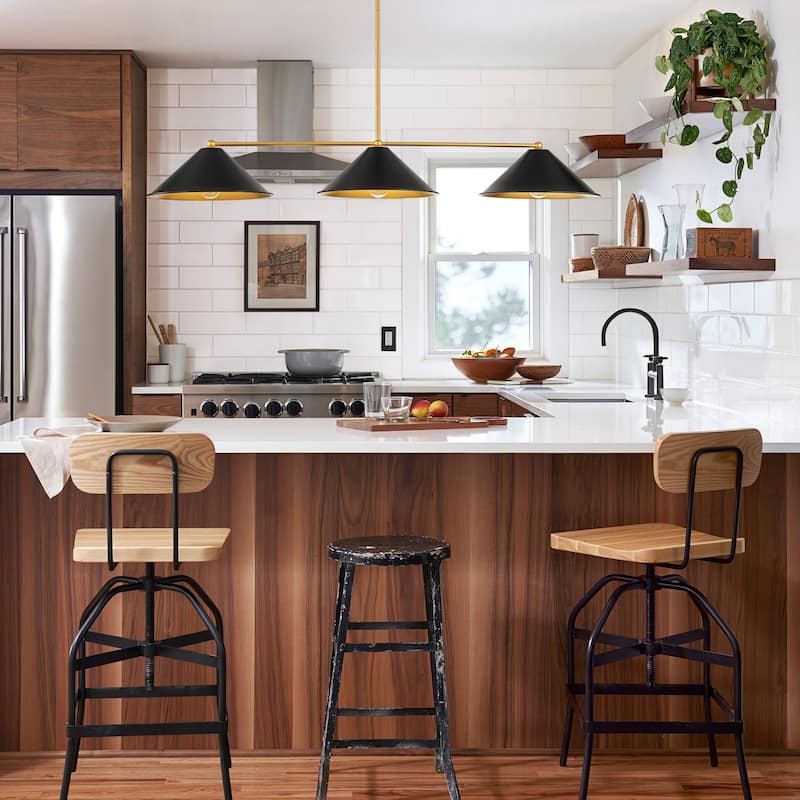 3-Light Mid-Century Modern Black/White Linear Cone Large Chandelier for Dining Room and Kitchen Island