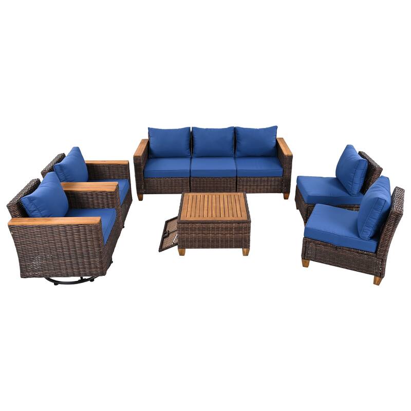 8-Piece Outdoor Patio Wicker Conversation Sofa Set with 2 Swivel Rocking Chairs and Acacia Storage Table