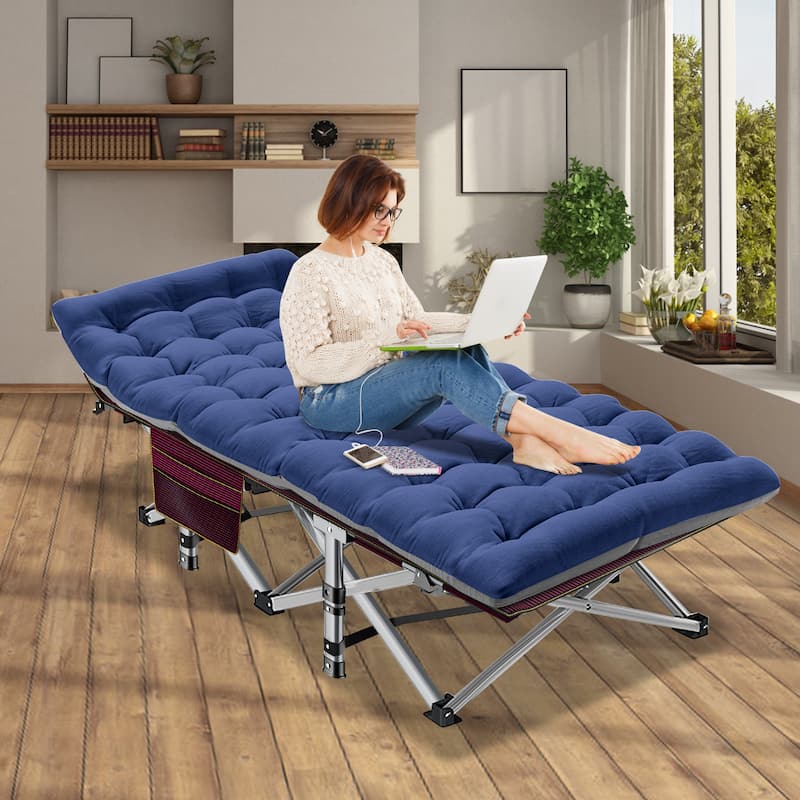 DoCred Folding Camping Bed Cot for Adults, Guest Bed with Mattress - Blue-1