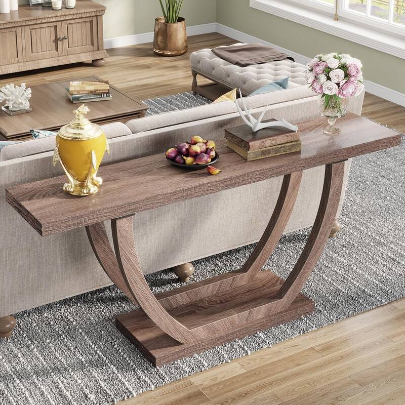63 Inches Brown Wood Console Table with Geometric Base for Living Room