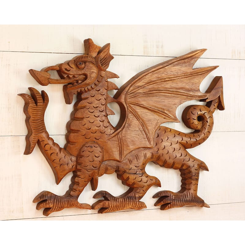 13" Wooden Dragon Wall Art - Hand Carved Mythical Figurine, Rustic Fantasy Wall Decor Sculpture