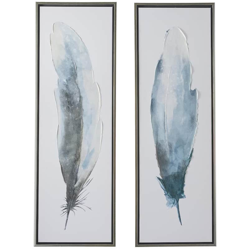 Canvas Bird Feathers Living Room Framed Wall Art with Silver Frame - Set of 2 Blue - Roche River Decor - Blue
