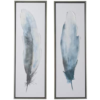 Canvas Bird Feathers Living Room Framed Wall Art with Silver Frame - Set of 2 Blue - Roche River Decor