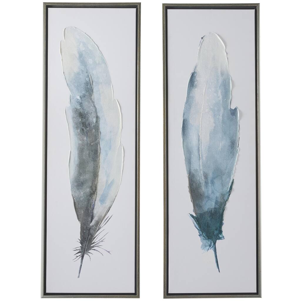 Canvas Bird Feathers Living Room Framed Wall Art with Silver Frame - Set of 2 Blue - Roche River Decor