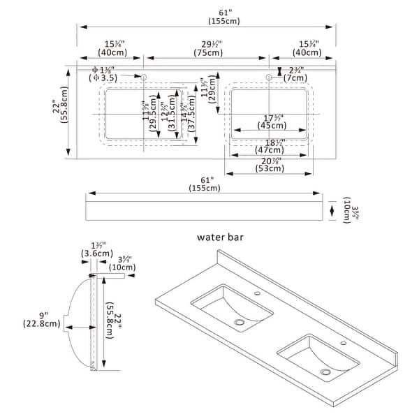 dimension image slide 5 of 22, Malaga Composite Stone Vanity Top with White Rectangular Sink