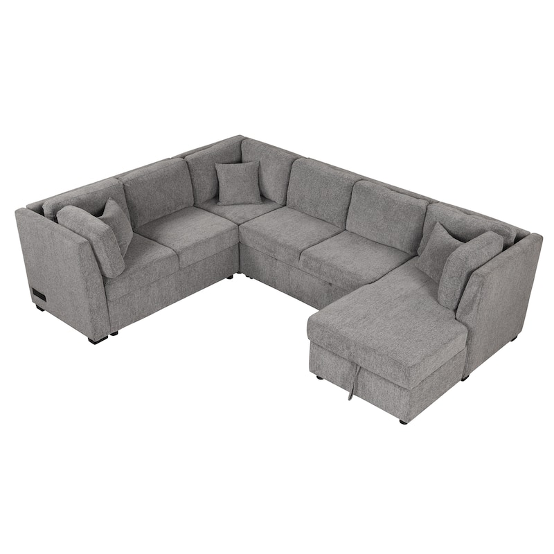 Grey 108.6" Fabric U-Shaped 6-Seater Sofa with Pull-Out Bed