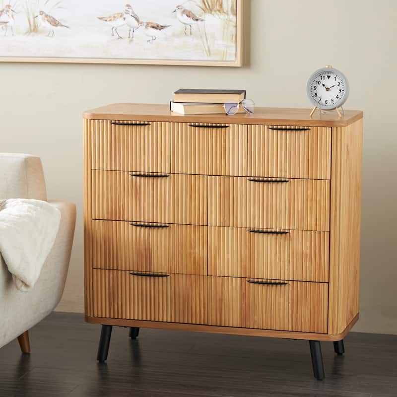 Wood Ribbed 9 Drawer Chest - Brown - Roche River Decor - 17"W x 38"L x 36"H