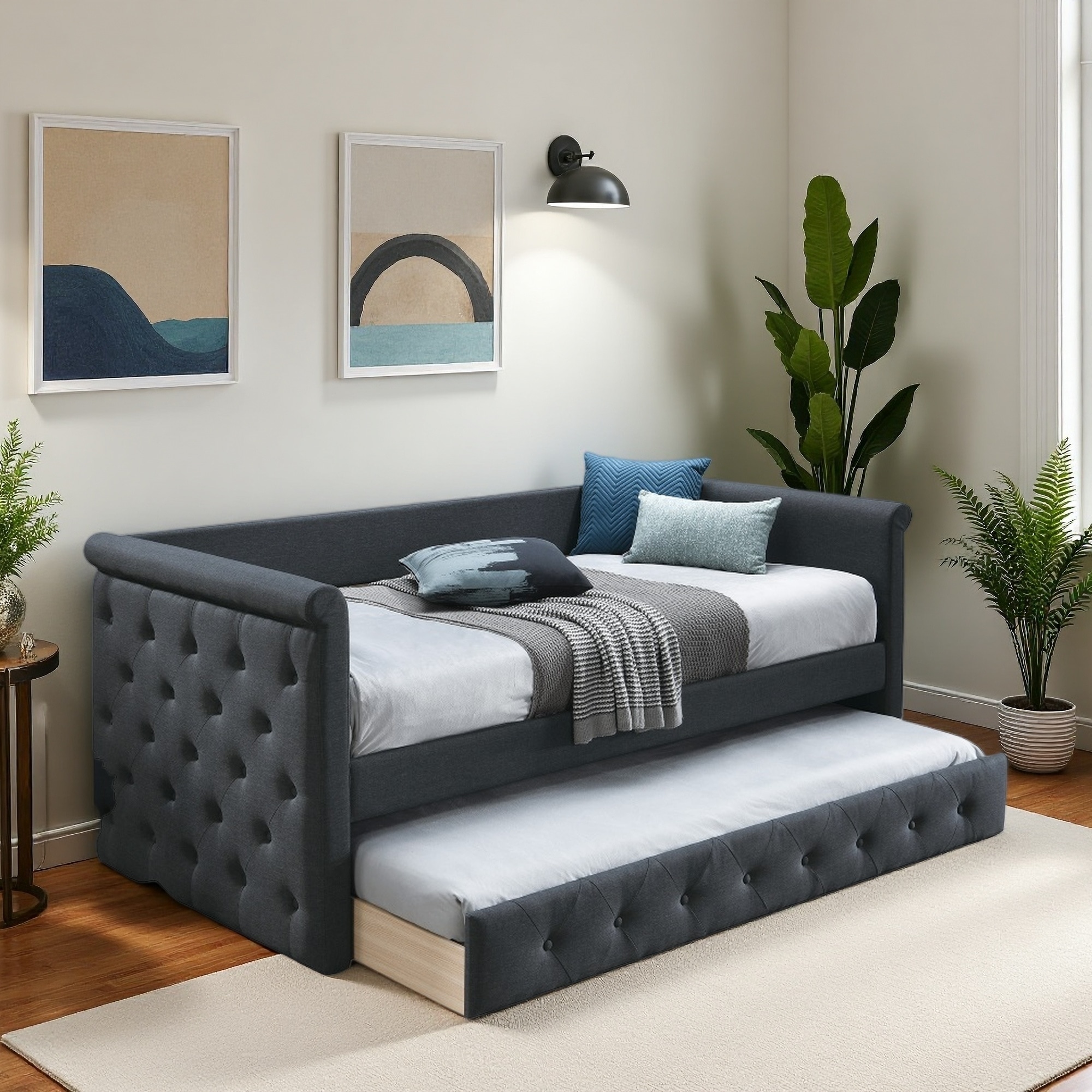 Twin Size Upholstered Daybed with Trundle, and Button Tufted