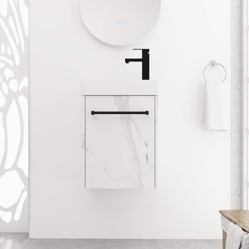 BNK 16/18 Inch Single Sink Bathroom Vanity with Soft Close Door - 15.9''W×8.8''D×22.1''H - Carrara White