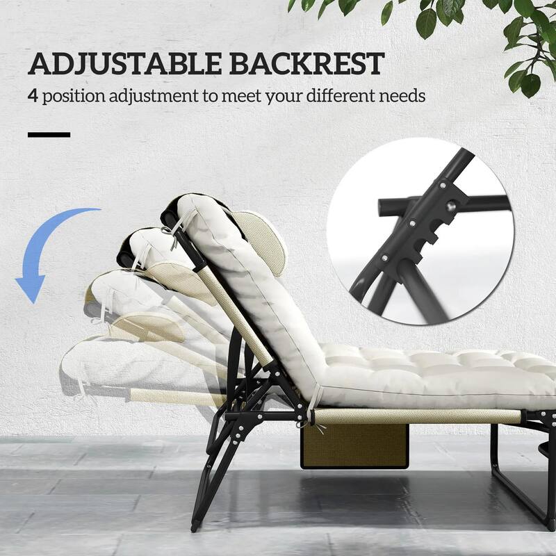 Folding Chaise Lounge Chair,4-Pos Recliner,Cushion,Pocket,Headrest