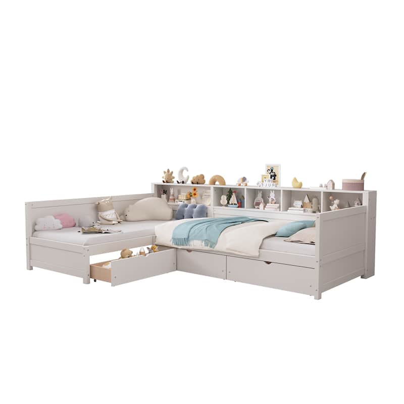Roomfitters Twin L-Shaped Daybed for 2 with 3 Storage Drawers, Wooden Corner Bed Frame with Bookshelf for Bedroom