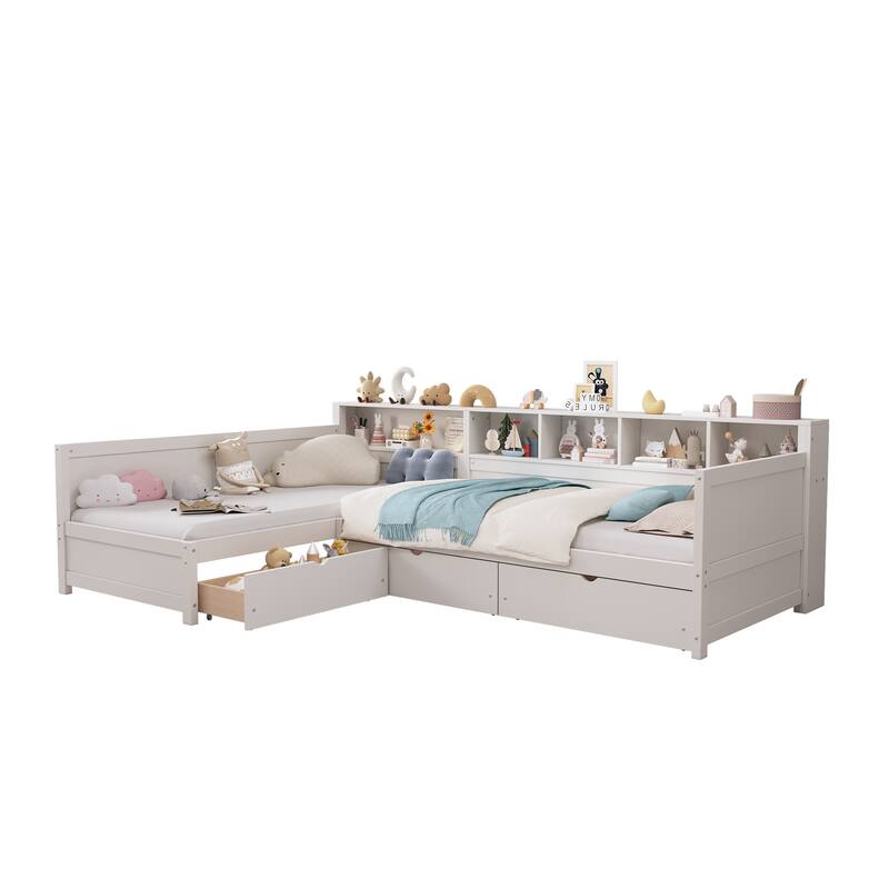 Twin Size L-Shape Daybed with 3 Pull-out Drawers, Wooden Corner Bed Frame with Storage Bookshelf