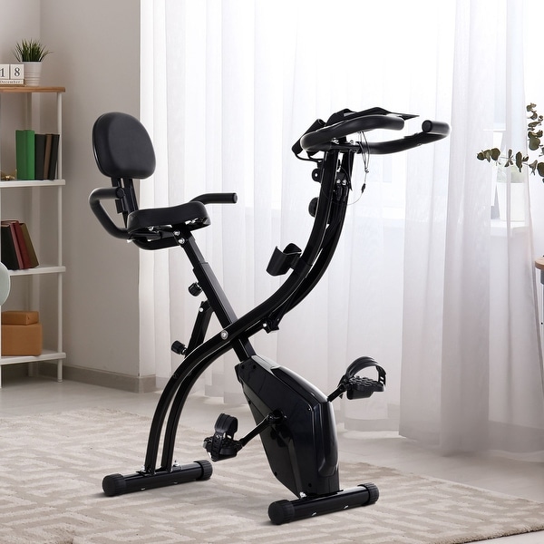 Soozier 2 in 1 Upright Exercise Bike Stationary Foldable Magnetic Recumbent Cycling with Arm Resistance Bands