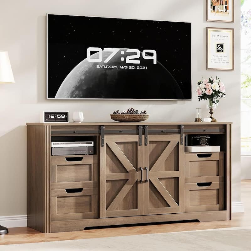 66" Farmhouse TV Stand, Entertainment Center with 4 Drawers for Up to 70 Inch TVs - Brown