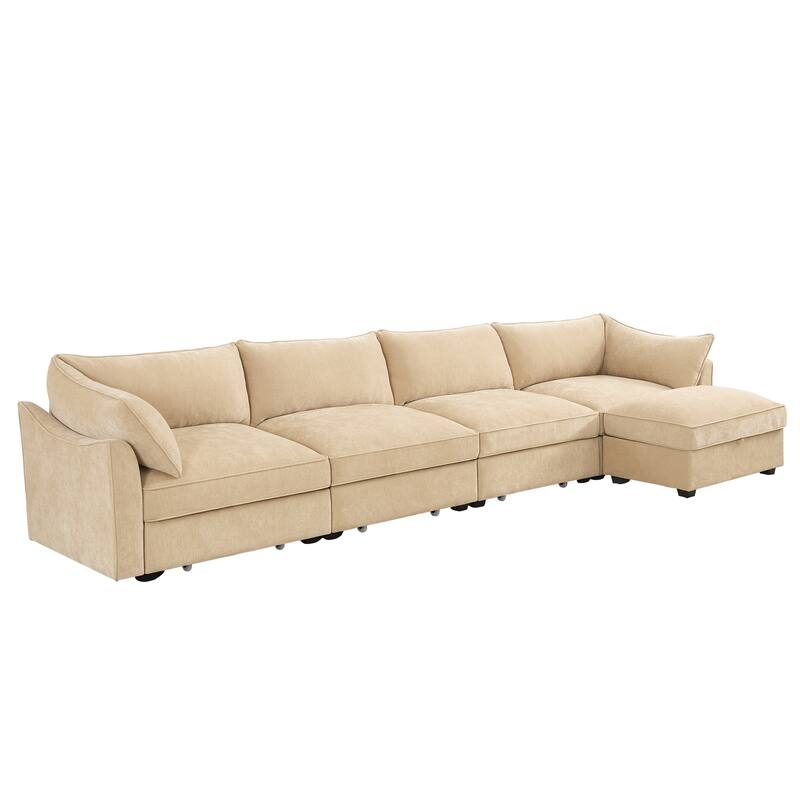 L-Shaped 4-Deep Seater Sectional Sofa Couch with 1 Movable Storage Ottoman & Pull out Drawers Under Each Seat