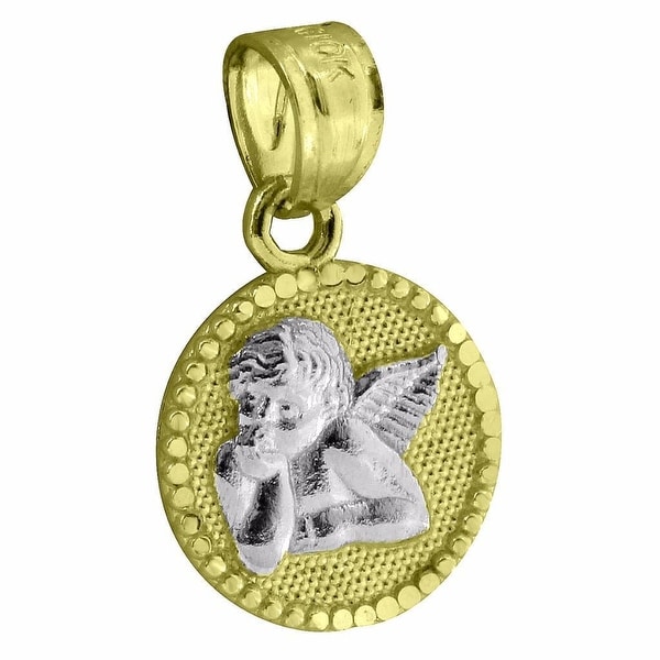 Thinking Angel Coin Pendant 10k Yellow White Gold 0.6" Micro Cherub Guardian
