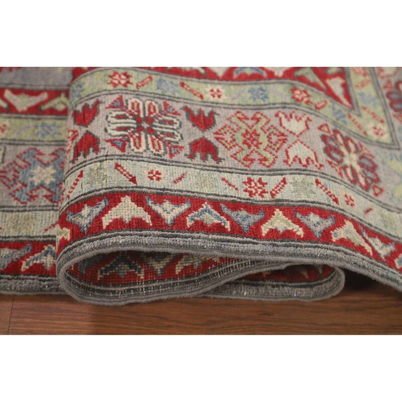Gray Geometric Kazak Oriental Area Rug Handmade Wool Carpet - 5'7" x 7'11"