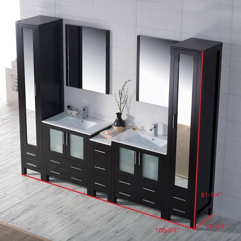 Blossom 102" Solid Wood Double Vanity w/ Sinks, Mirrors & Cabinet