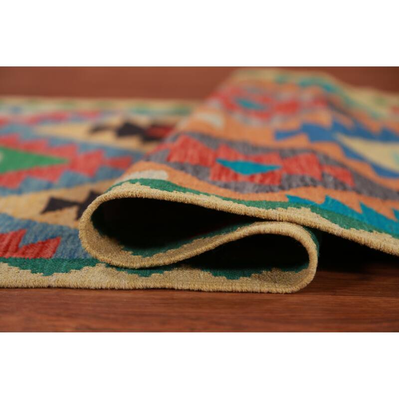 Hand Woven Oriental 100% Wool Carpet Southwestern Geometric Multi-Colored Kilim Runner Rug - 13' 0'' X 2' 10''