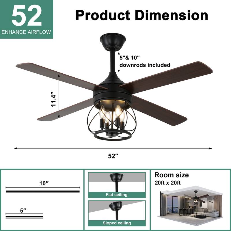 Cusp Barn 52" Modern Ceiling Fan with Light and Remote,Black 4-Light 6 Speeds Quiet Operation Reversible Caged Ceiling Fan