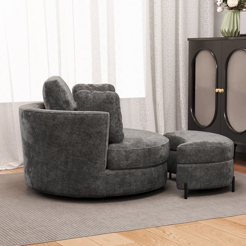 Modern Chenille 360° Swivel Accent Barrel Chair and Storage Ottoman