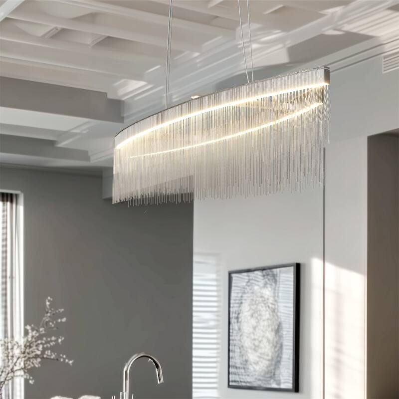 Modern LED Tassel Linear Chandelier Luxury Silver Pendant Light Home - 44inch