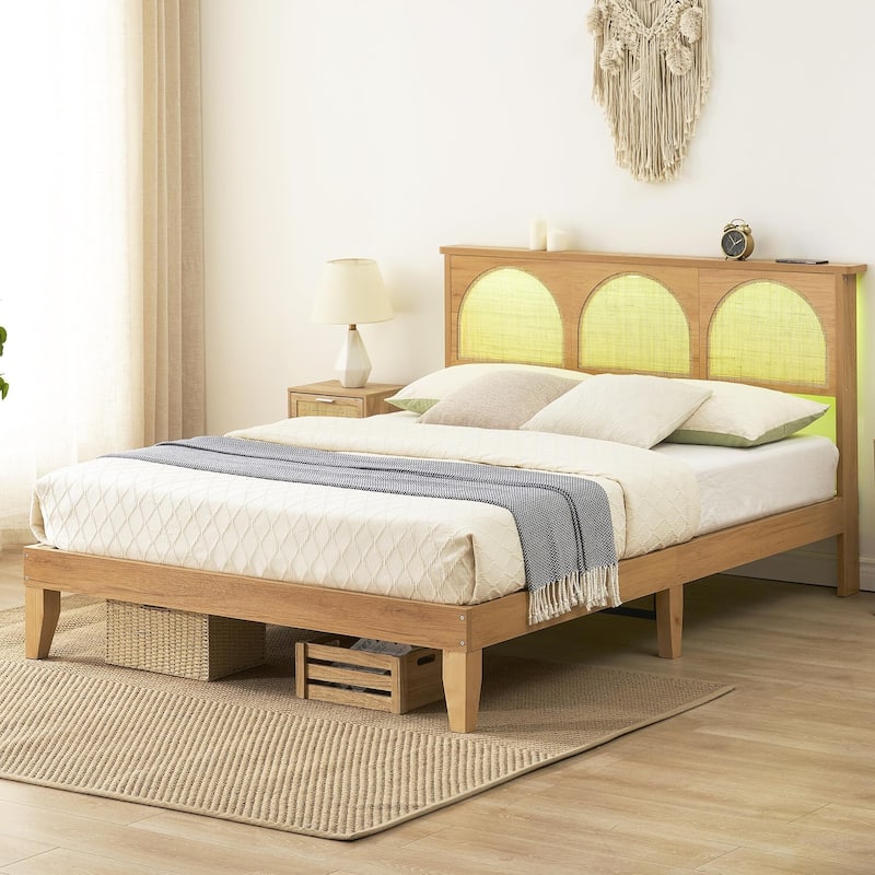 Bed Frame with Natural Rattan Headboard