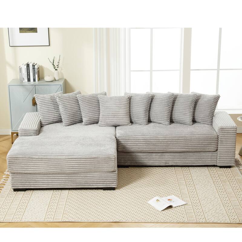 L Shaped Sectional Sleeper Sofa Corduroy Corner Sofa with Chaise Lounge and 8 Throw Pillows, Oversized Modular Daybed