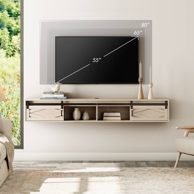 Sliding Barn Door Floating TV Stand with Charging Station