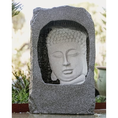 XBrand 23" Tall Free Standing Buddha Face Waterfall Fountain w/LED & Auto Shut Off Pump, Relaxing Zen Decor, Grey and White