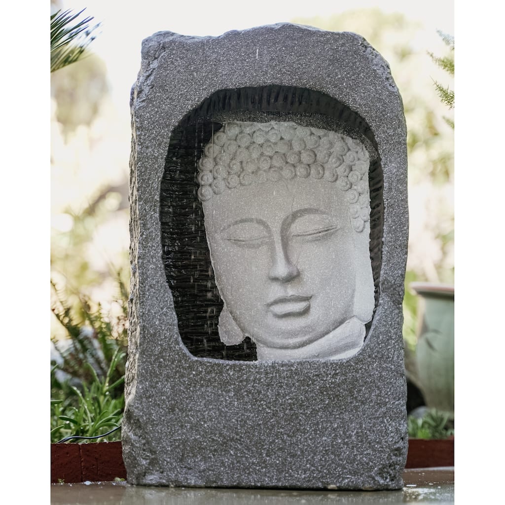 XBrand 23" Tall Free Standing Buddha Face Waterfall Fountain w/LED & Auto Shut Off Pump, Relaxing Zen Decor, Grey and White