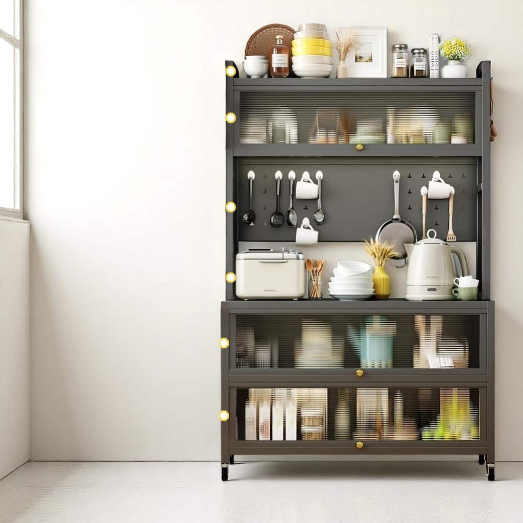 64" Kitchen Storage Rack with Flip Doors, Metal Frame, Open Shelves & Pegboard, Gray Pantry Organizer
