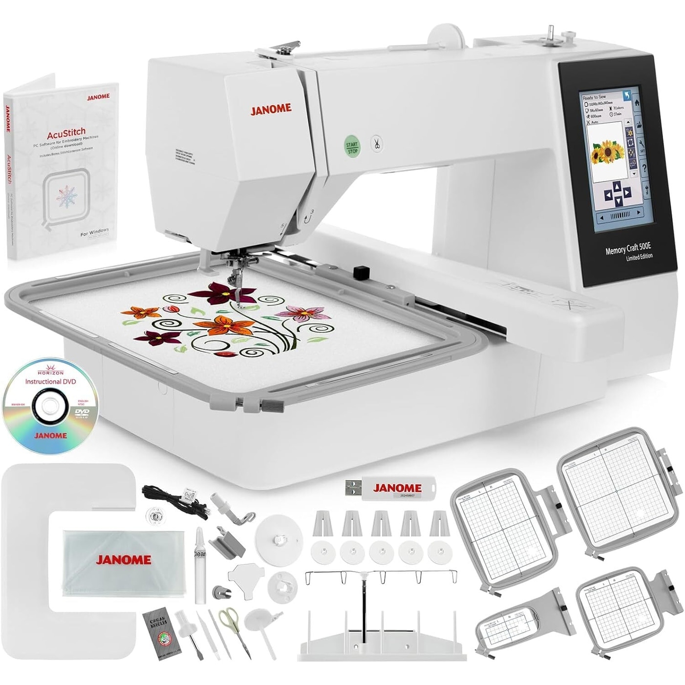 Janome Memory Craft 500e LE Embroidery Machine Bundle - Includes 5-Spool Thread Stand + 3.9" x 1.6" Hoop + Acustitch Software