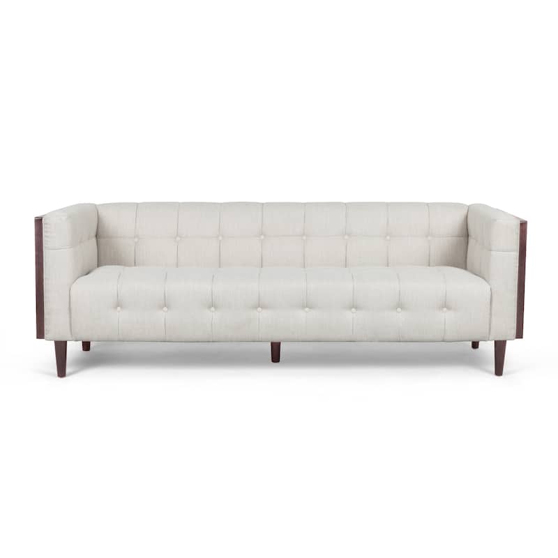 Roomfitters Mid-Century 3-Seater Sofa, Upholstered Tufted Couch for Living Room, Modern Wood-Accent Design, Beige
