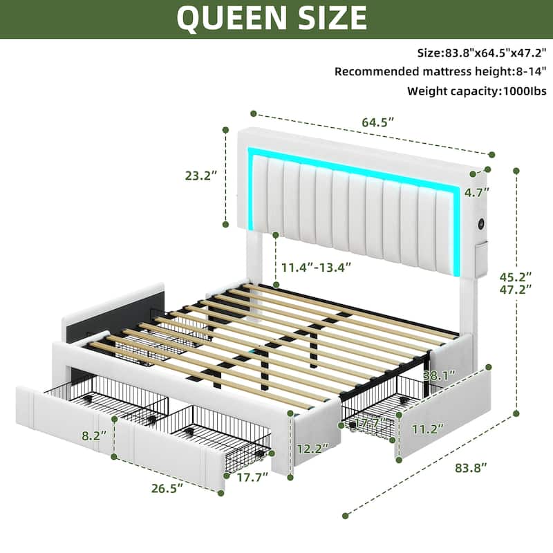 Velvet Upholstered Platform Bed Frame with Adjustable Headboard and 4 Storage Drawers & RGB LED Lights - White - Queen