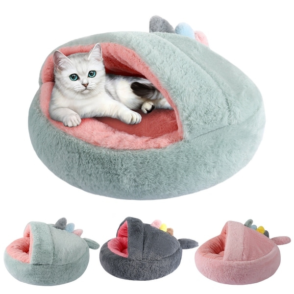 Soft Plush Pet Bed Small Dog Cats Calming Bed Cave Hooded Cushion
