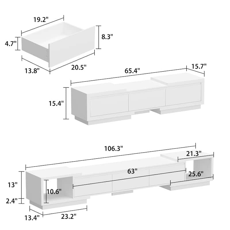 Modern Style Extendable TV Stand with 3Drawer White/Black 65.4"-106.3"