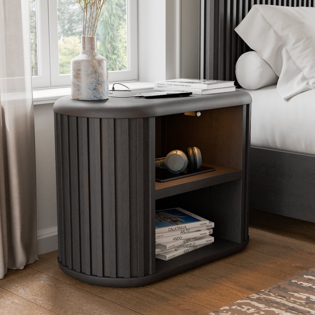 Furniture of America Caelan Modern Black Solid Wood 2 Open Shelves Nightstand with Motion Light