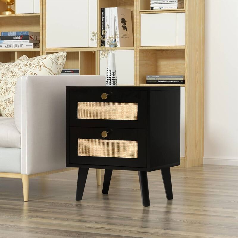Wood Nightstand with Rattan Decor Drawer