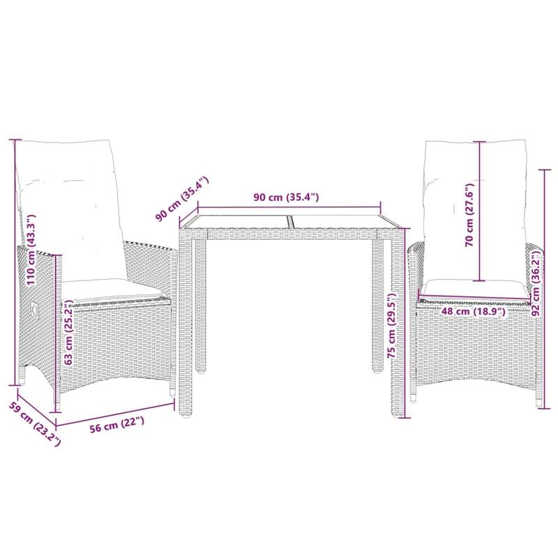 vidaXL Bistro Set Grey PE rattan, powder-coated steel Three-Piece - 23.2 x 22.0 x 36.2