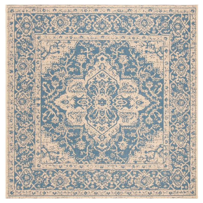 SAFAVIEH Linden Louann Indoor/ Outdoor Waterproof Patio Backyard Rug - 6'7" Square - Blue/Creme