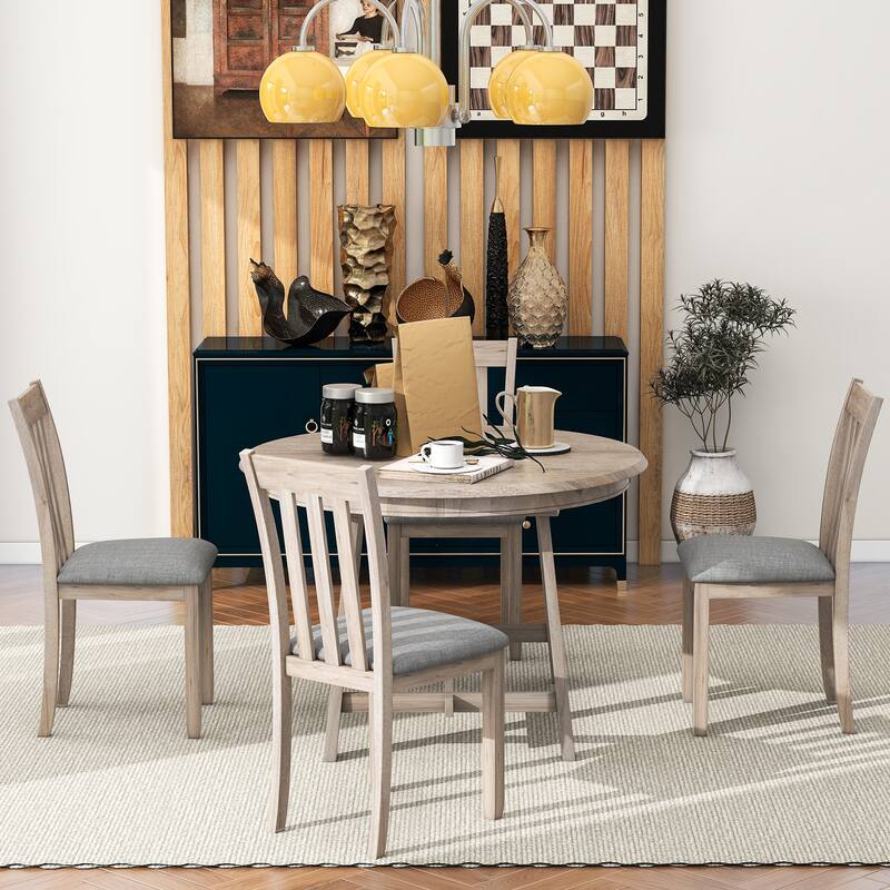Natural Wood Wash Farmhouse 5-Piece Wooden Dining Table Set with Round Extendable Table & 4 Chairs